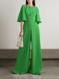 Momentlover Loose Short Sleeves Solid Color Round-Neck Jumpsuits