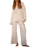 Momentlover Drawstring Pleated Flared Sleeves Long Sleeves Buttoned Solid Color Split-Side Lapel Shirts Top + Pants Bottom Pajama Sets