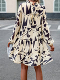 Momentlover Tied Split-Joint Printed Puff Sleeves Loose Mock Neck Mini Dresses