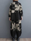 Momentlover Stand Collar Long Sleeves Asymmetric Buttoned Printed Sweatshirt Top + Harem Pants Pants Bottom Two Pieces Set