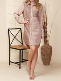 Momentlover Sequined Pockets Buttoned Asymmetric Loose Long Sleeves Lapel Shirt Dress Mini Dresses