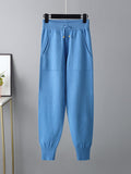 Momentlover Casual Solid Long Sleeves High-Neck Sweater Tops & Drawstring Wide Leg Pants Suits