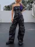 Momentlover Split-Joint Pockets Buttoned Wide Leg Sleeveless Tube Jumpsuits