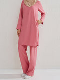 Momentlover Solid Color Long Sleeves Pockets Split-Side Round-Neck Shirts Top + Pants Bottom Two Pieces Set