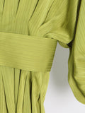 Momentlover Solid Color Belted Loose High Waisted Boat Neck Midi Dresses