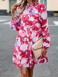 Momentlover Tied Split-Joint Printed Puff Sleeves Loose Mock Neck Mini Dresses