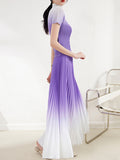 Momentlover Gradient Pleated Short Sleeves High-Neck T-shirt + Skirt Bottom Two Pieces Set
