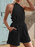 Momentlover Solid Color Ribbed Sleeveless Loose Halter-Neck Rompers