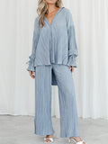 Momentlover Drawstring Pleated Flared Sleeves Long Sleeves Buttoned Solid Color Split-Side Lapel Shirts Top + Pants Bottom Pajama Sets