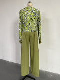 Momentlover Long Sleeves Heaps Collar Printed Shirts Top + High Waisted Pants Bottom Two Pieces Set
