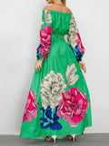 Momentlover Off-The-Shoulder A-Line Elasticity Flower Print Pleated Shirts Top + High Waisted Skirts Bottom Two Pieces Set