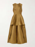 Momentlover Sleeveless Wrap Falbala Layered Solid Color Zipper Round-Neck Jumpsuits