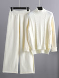 Momentlover Loose Long Sleeves Split-Side Solid High-Low Half Turtleneck Sweater Tops & Wide Leg Pants Two Pieces Set