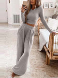 Momentlover Solid Color Plus Size Round-Neck Long Sleeves Shirts Top + Pants Bottom Two Pieces Set