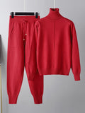 Momentlover Casual Solid Long Sleeves High-Neck Sweater Tops & Drawstring Wide Leg Pants Suits