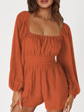 Momentlover Tied Solid Color Elasticity Backless Puff Sleeves Loose Square-Neck Rompers