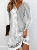 Momentlover Floral Printed Loose Long Sleeves V-Neck Mini Dresses