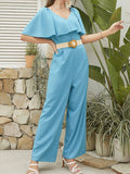 Momentlover Split-Joint Solid Color Ruffle Sleeves High Waisted V-Neck Jumpsuits