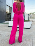 Momentlover Solid Color Hollow Backless Wide Leg High-Low Round-Neck Jumpsuits Bottoms