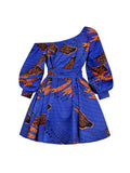 Momentlover Tied Waist Printed Elasticity Three-Quarter Sleeves Puff Sleeves One-Shoulder Mini Dresses