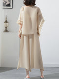Momentlover Casual Loose Pleated Solid Color Round-Neck T-Shirt Top&Wide Legs Pants Two Pieces Set