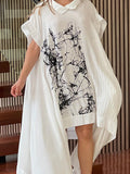 Momentlover Printed Asymmetric Short Sleeves Loose Maxi Dresses