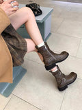 Momentlover Zipper Split-Joint Round-Toe Belt Buckle Boots