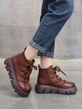 Momentlover Vintage Cow Leather Wool Boots Platform Shoes