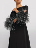 Momentlover Elegant Simple Black And White Feather Long Sleeve Party Dress