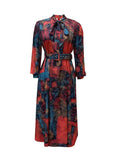 Momentlover Plus Size Tie Neck Mixd Print Belt Design A Line Dress AC2642