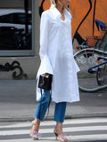 Momentlover Casual Flared Sleeves Long Sleeves Split-Side Solid Color Lapel Collar Blouses Shirt Dress