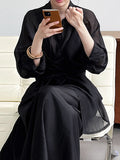 Momentlover Solid Color Long Sleeves Tied Waist Blouse + Loose Elasticity Waist Skirt Two Pieces Set