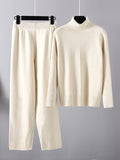 Momentlover Urban Long Sleeves Loose Solid Half Turtleneck Sweater Tops & Wide Leg Pants Two Pieces Set