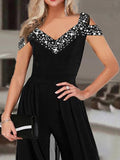 Momentlover Mesh Hollow Short Sleeves Loose V-Neck Jumpsuits