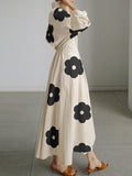 Momentlover Long Sleeves Loose Contrast Color Floral Printed Pleated Tied Waist Lapel Shirt Dress