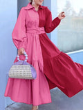 Momentlover Loose Puff Sleeves Contrast Color Pleated Split-Joint Tied Waist Lapel Midi Dresses