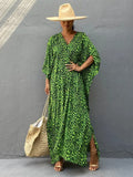 Momentlover Green Leopard V-Neck Split-Side Batwing Sleeves Maxi Dress
