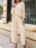 Momentlover Split-Side High-Low Long Sleeves Contrast Color Round-Neck Sweater Top + Pants Bottom Two Pieces Set