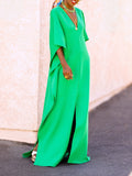 Momentlover Batwing Sleeves Loose Solid Color Split-Side V-Neck Maxi Dresses