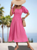 Momentlover Split-Joint Solid Color Pleated Elasticity Bishop Sleeve A-Line Square-Neck Midi Dresses