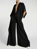 Momentlover Loose Half Sleeves Solid Color Deep V-Neck Jumpsuits