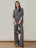 Momentlover Urban Loose Solid Round-Neck Vest Top& V-Neck Sweater Tops& Wide Leg Pants Three-Piece Set