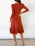 Momentlover Tied Waist Solid Color Long Sleeves High Waisted Round-Neck Sweater Dresses Midi Dresses