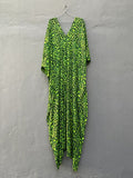 Momentlover Green Leopard V-Neck Split-Side Batwing Sleeves Maxi Dress