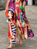 Momentlover Half Sleeves Loose Figure Printed Lapel Collar Maxi Dresses