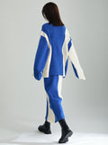 Momentlover Casual Loose Long Sleeves Contrast Color High-Neck Sweater Top&Skirt Two Pieces Set