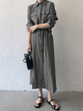 Momentlover Casual A-Line Long Sleeves Bandage Solid Color Lapel Collar Shirt Midi Dresses