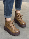 Momentlover Vintage Cow Leather Wool Boots Platform Shoes