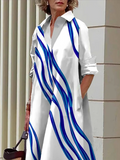 Momentlover Loose Three-Quarter Sleeves Buttoned Striped Lapel Collar Midi Dresses