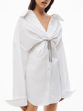 Momentlover Solid Color Long Sleeves High Waisted Lapel Shirt Dress Mini Dresses